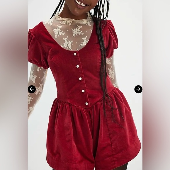 Free People Silver Bells Velvet Romper Smocked Puff Sleeve Cherry S Holiday - Picture 1 of 9